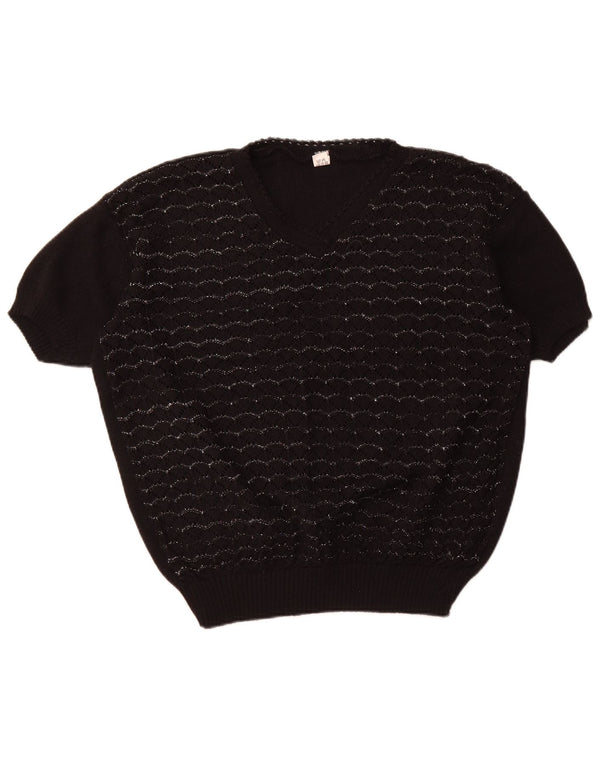 Damski sweter VINTAGE z krótkim rękawem i dekoltem w kształcie litery V, UK 18 XL, w czarne paski