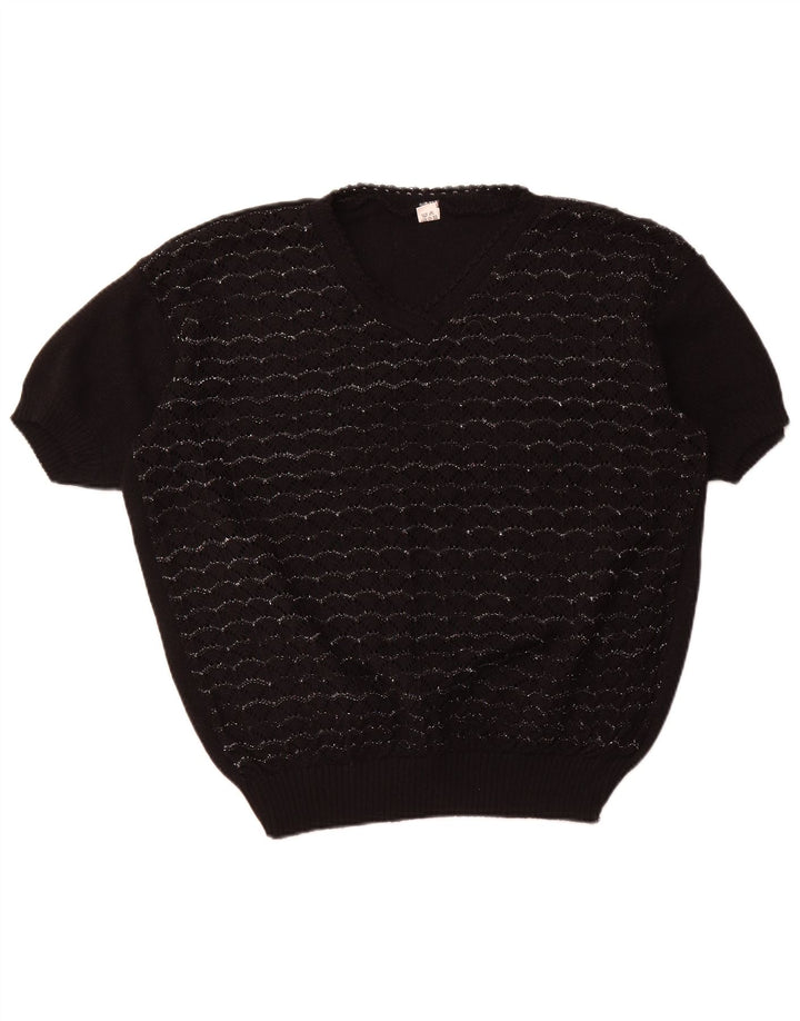 Damski sweter VINTAGE z krótkim rękawem i dekoltem w kształcie litery V, UK 18 XL, w czarne paski