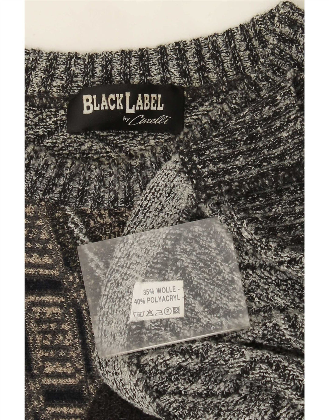 Vintage męski sweter z okrągłym dekoltem XL, szara patchworkowa wełna z alpaki