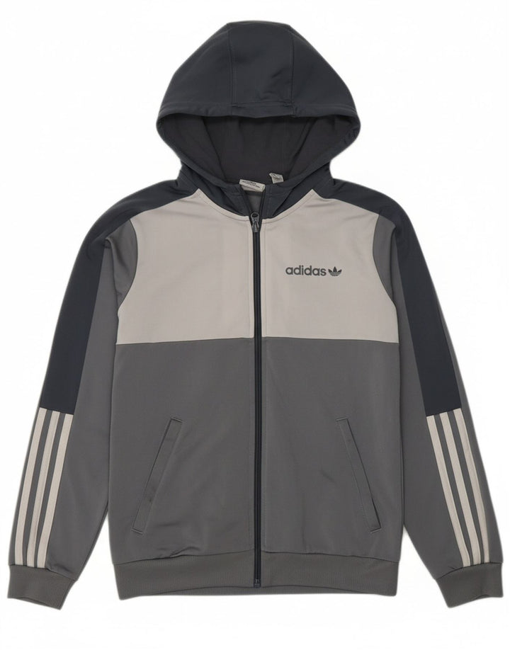 ADIDAS Boys Zip Hoodie Sweater 11-12 Years Grey Colourblock Polyester