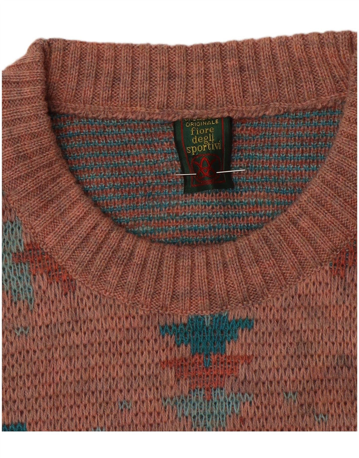 Vintage męski sweter z wycięciem pod szyją, duży, różowy, geometryczny