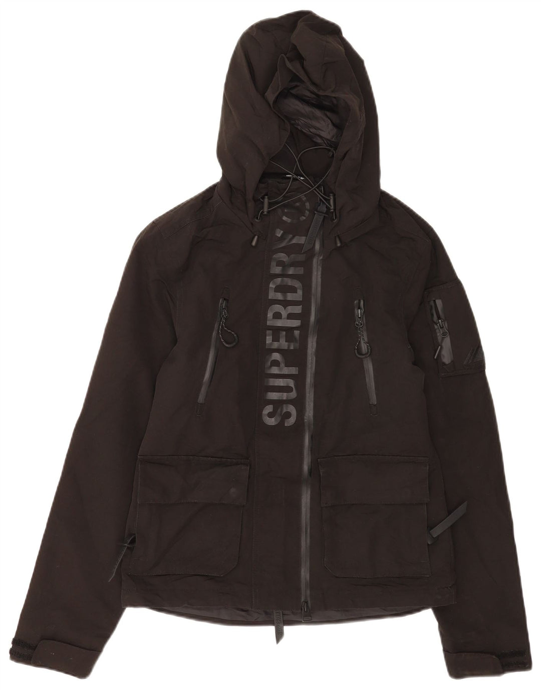 Damska kurtka przeciwdeszczowa z kapturem Superdry, UK 8, mała, czarna, z poliestru