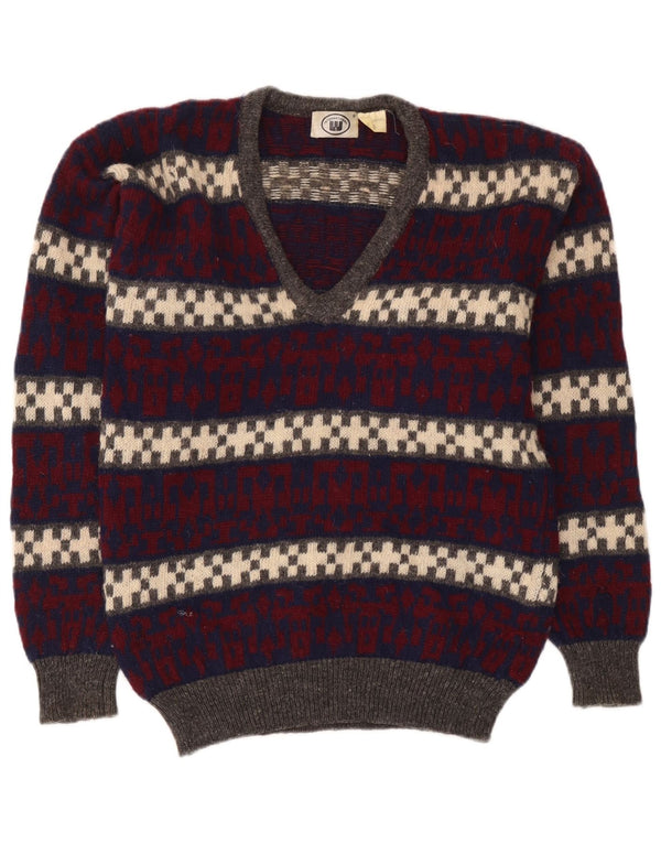 Męski sweter w stylu vintage z dekoltem w szpic, średniej wielobarwnej geometrycznej wełny