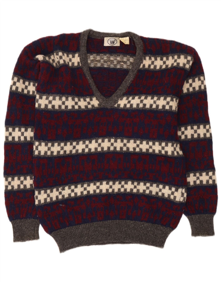 Męski sweter w stylu vintage z dekoltem w szpic, średniej wielobarwnej geometrycznej wełny