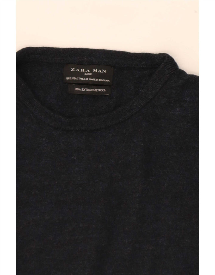 Męski sweter z okrągłym dekoltem Zara, mały, granatowy, wełniany