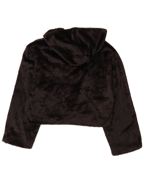 Vintage damska kurtka Bolero z kapturem i sztucznym futrem o swobodnym kroju UK 14, duża czarna