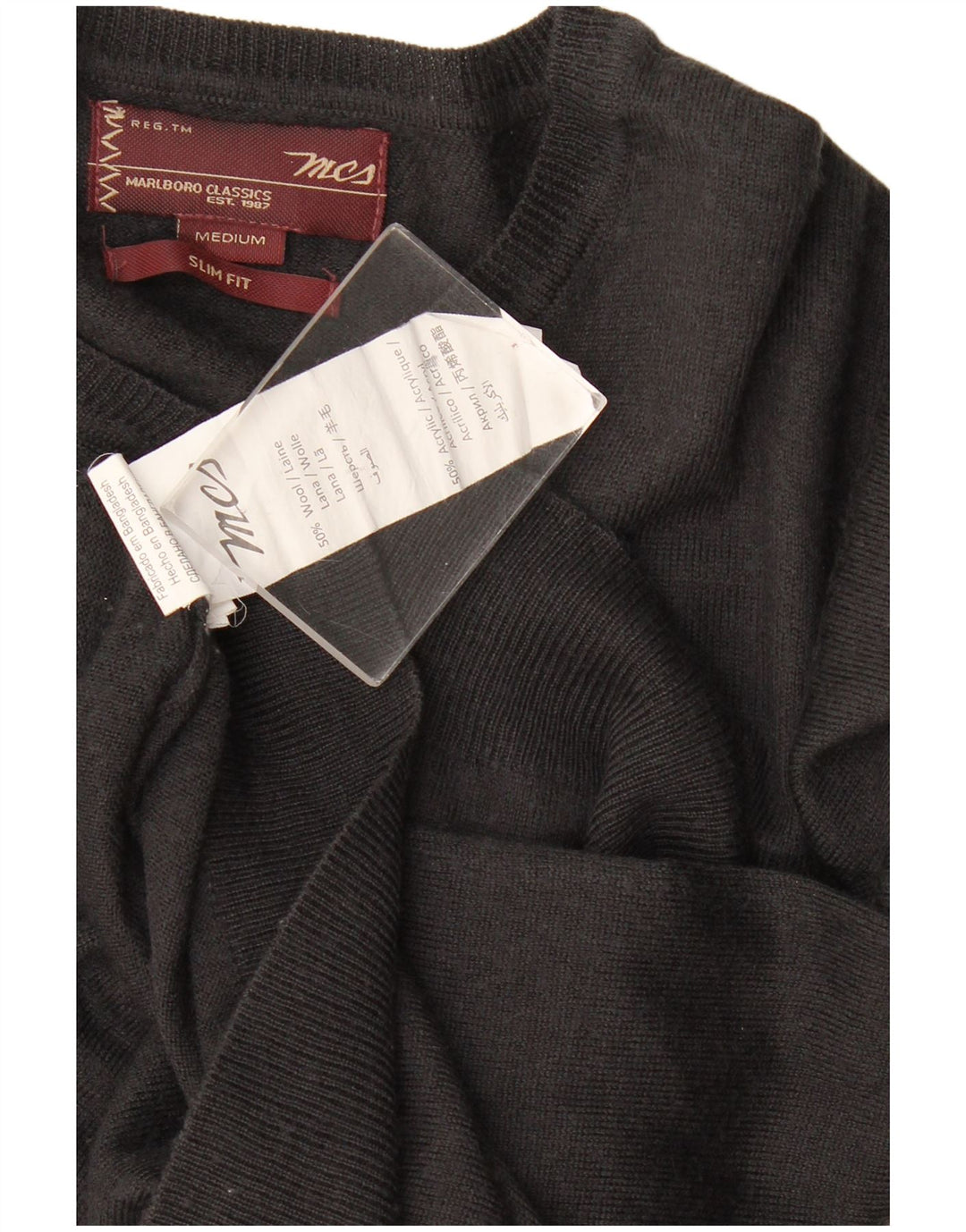 Marlboro Classics Męski sweter o kroju slim fit z dekoltem w szpic, średniej czarnej wełny