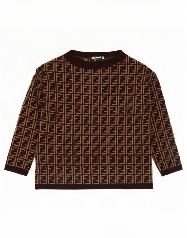 Damski sweter w stylu vintage z graficznym dekoltem w łódkę UK 14 Średni brąz