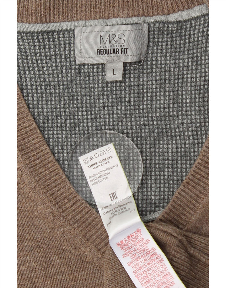 MARKS & SPENCER Męski sweter o regularnym kroju z dekoltem w kształcie litery V, duży, brązowy, bawełniany