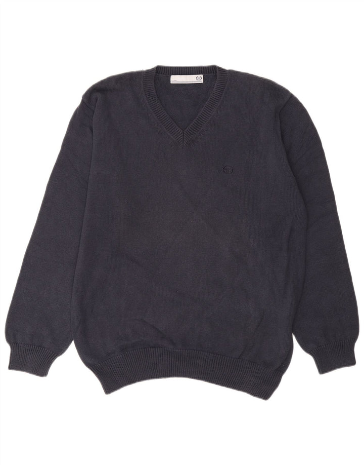 Męski sweter Sergio Tacchini z dekoltem w kształcie litery V, duży, granatowy, bawełniany
