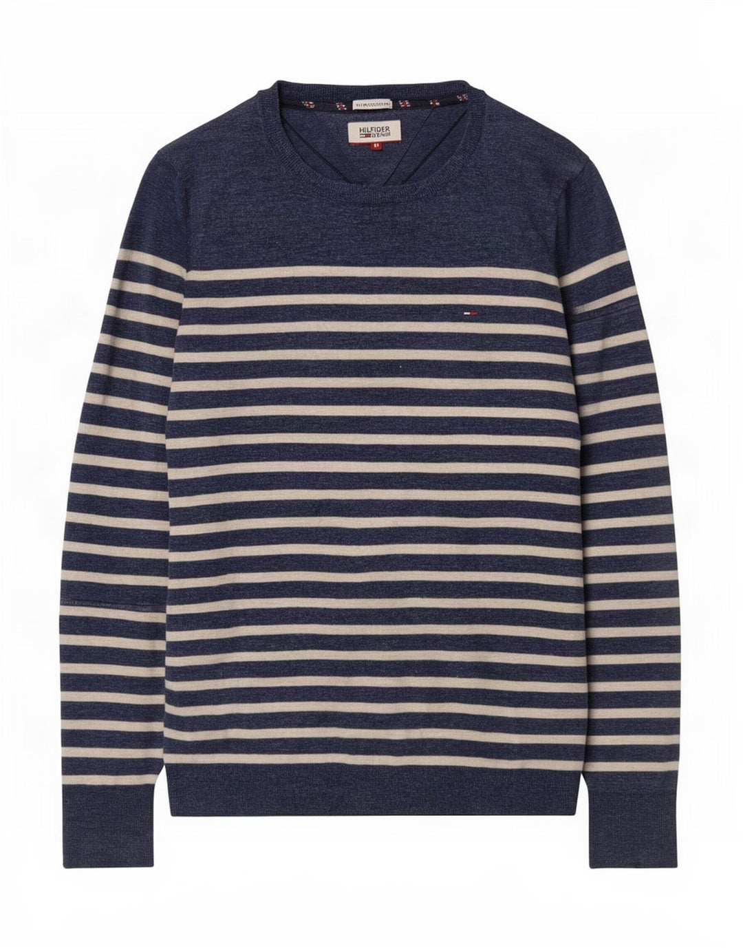 Męski sweter Tommy Hilfiger z dekoltem w łódkę, w średnie granatowe paski