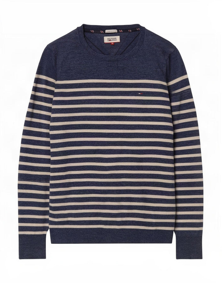 Męski sweter Tommy Hilfiger z dekoltem w łódkę, w średnie granatowe paski
