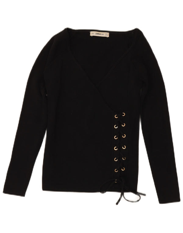 Sweter damski ZARA z rękawami 3/4 i dekoltem w kształcie litery V, UK 10, mały, czarny, wiskoza