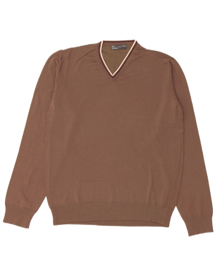 Męski sweter Zara z dekoltem w kształcie litery V, średniobrązowy sztuczny jedwab