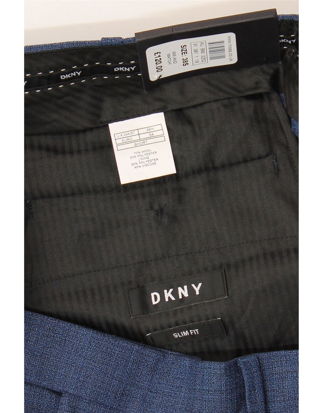 Męskie spodnie garniturowe DKNY Slim Fit W38 L29 Niebieska wełna