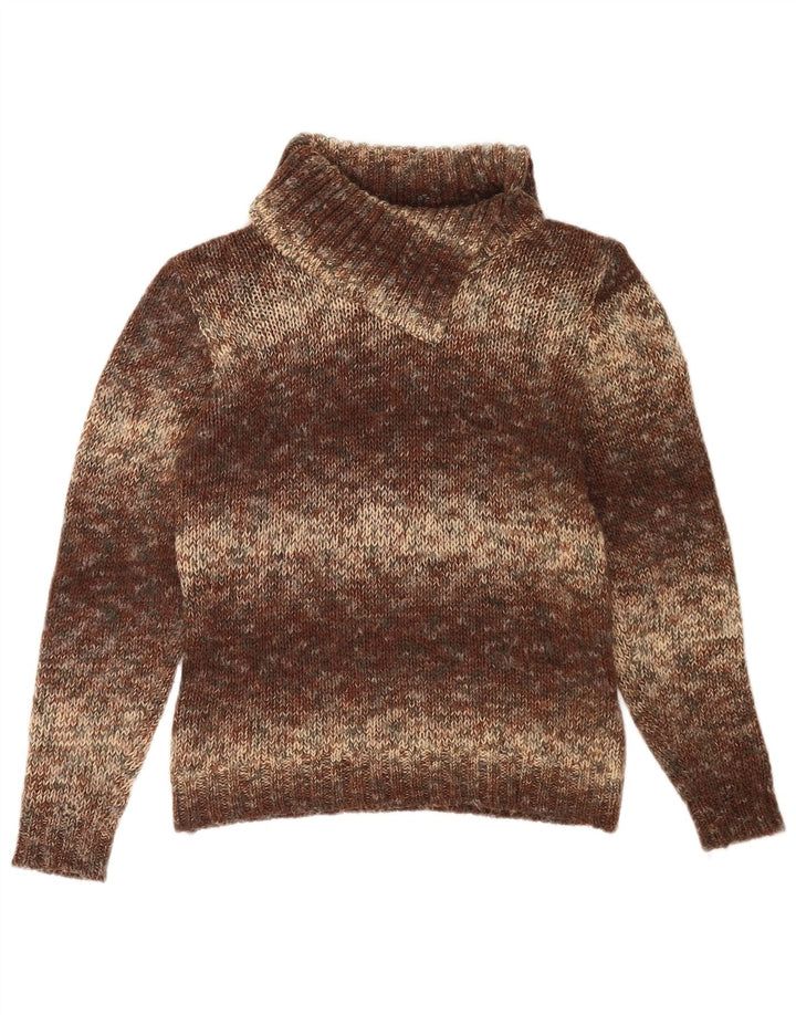 Vintage damski sweter z wywijanym dekoltem UK 14, średni brąz, nakrapiany
