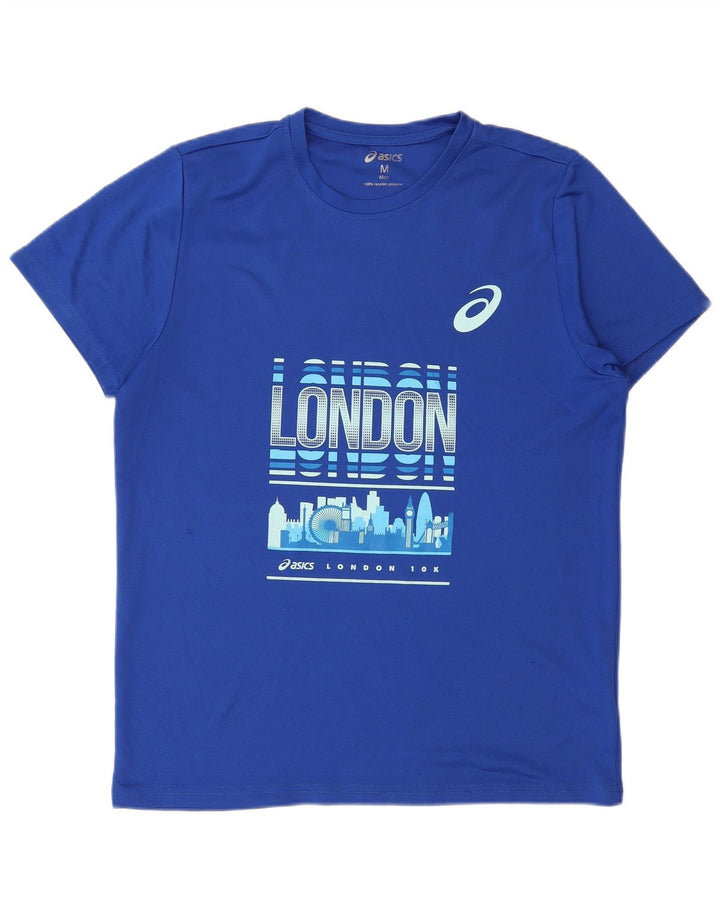 Męski T-shirt z grafiką Asics London, średni niebieski poliester