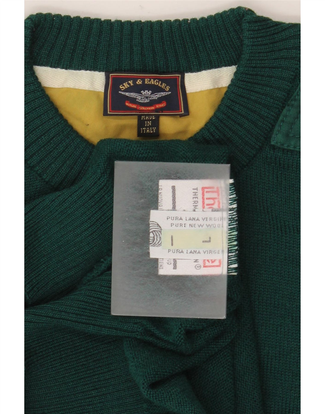 Vintage męski sweter z okrągłym dekoltem, duży, zielony, z dziewiczej wełny