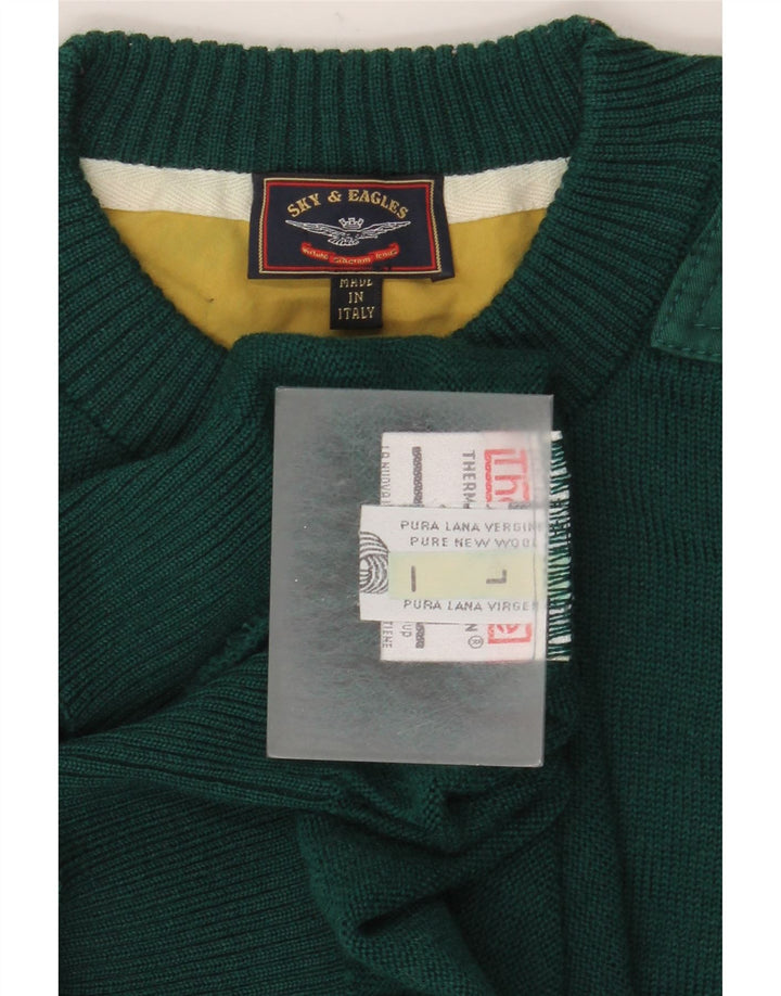 Vintage męski sweter z okrągłym dekoltem, duży, zielony, z dziewiczej wełny