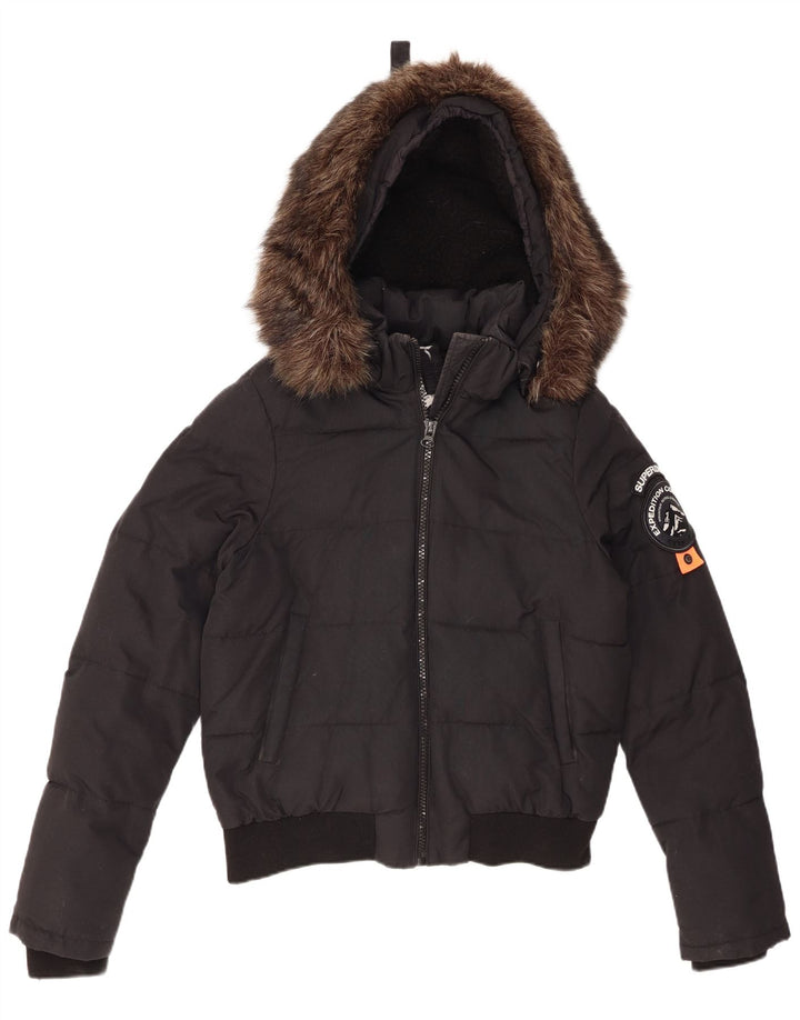 Damska wyściełana kurtka z kapturem Superdry UK 14, duża, czarna nylonowa