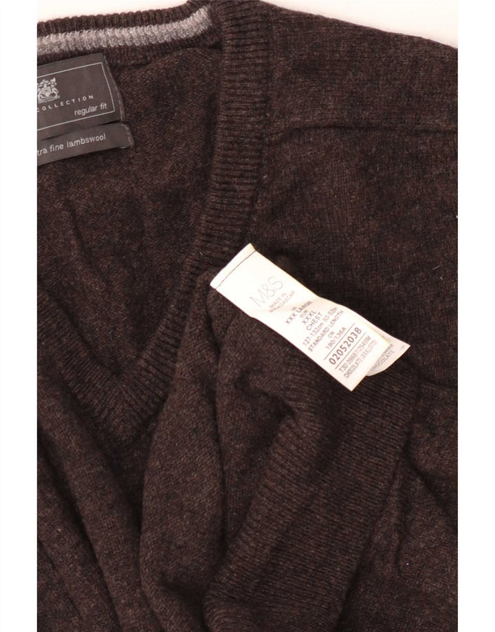 Marks & Spencer Męski sweter o regularnym kroju z dekoltem w kształcie litery V, 3XL, brązowa wełna