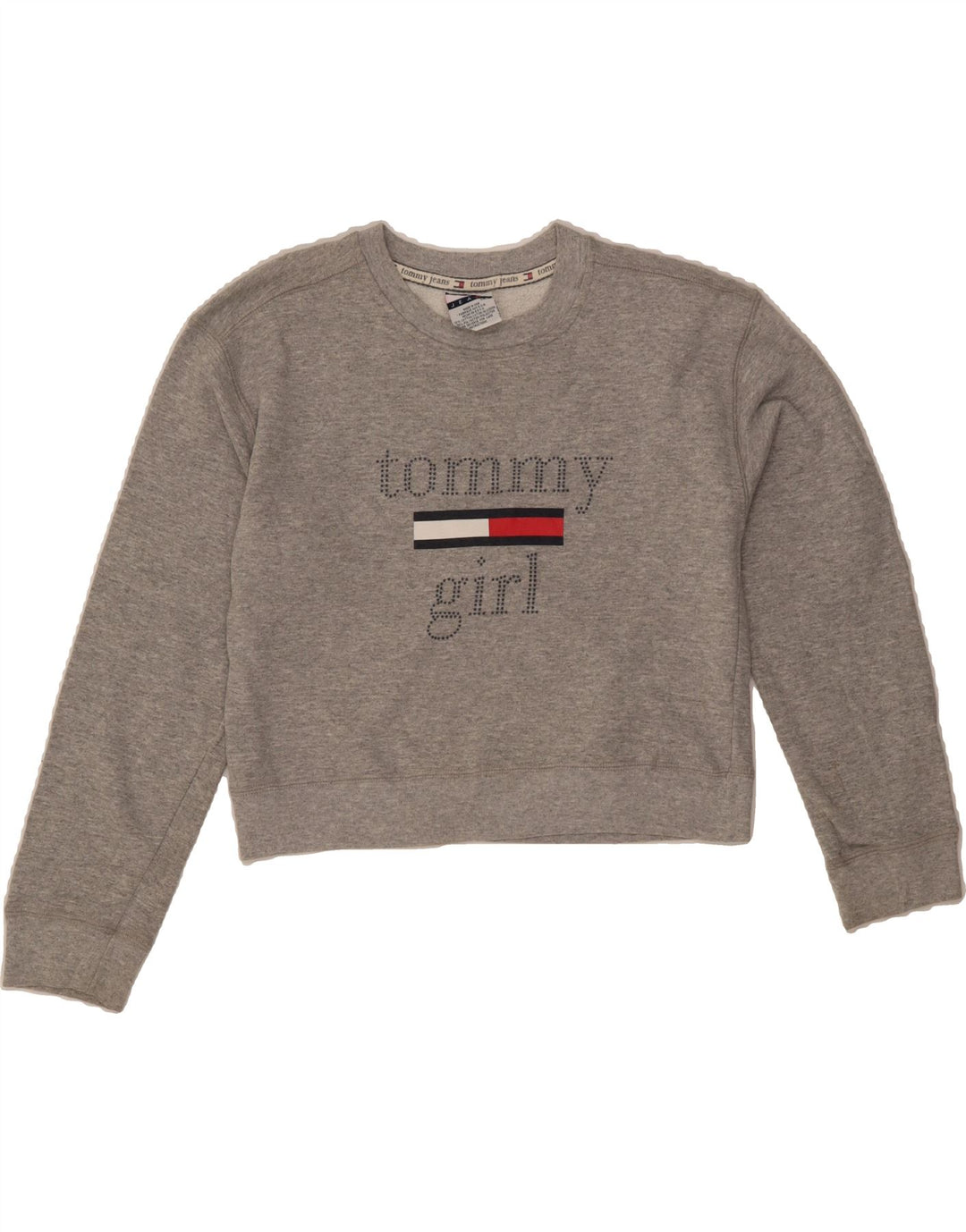 TOMMY HILFIGER Womens Crop Graphic Sweatshirt Jumper UK 10 Small Grey Vintage Tommy Hilfiger and Second-Hand Tommy Hilfiger from Messina Hembry 