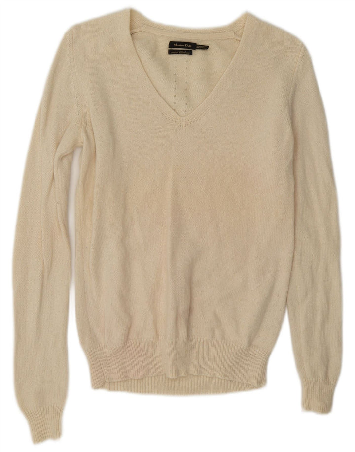 Sweter damski Massimo Dutti z dekoltem w kształcie litery V, UK 14, średni, złamany biały kaszmir