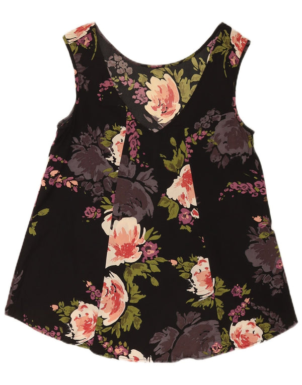 Damska bluzka bez rękawów w stylu vintage, krótka, UK 10, mała, czarna, w kwiaty
