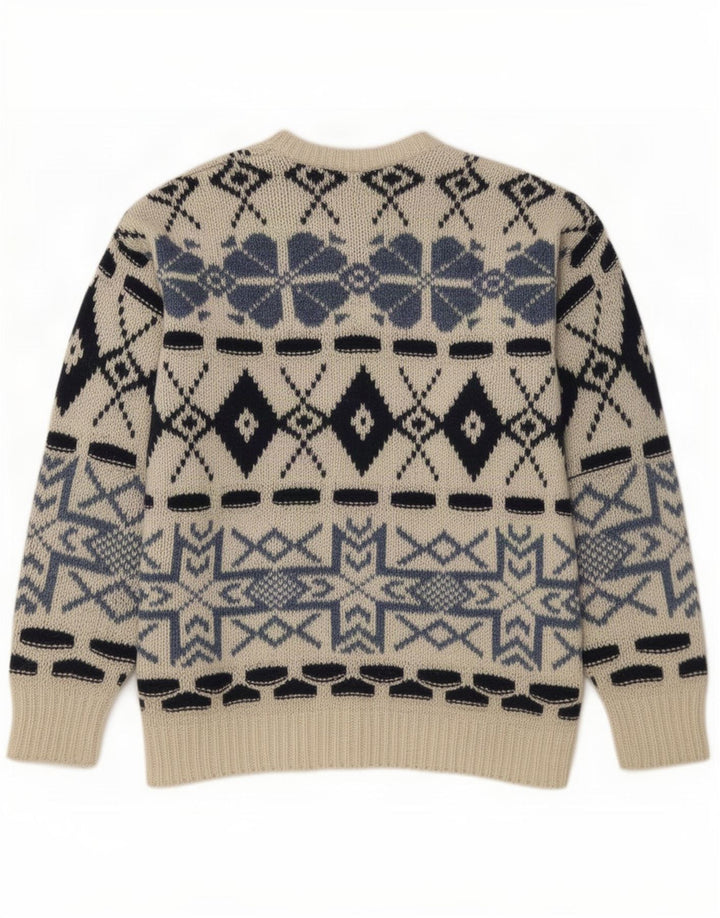 Męski sweter Shetland z okrągłym dekoltem, duży, w kolorze złamanej bieli Fair Isle