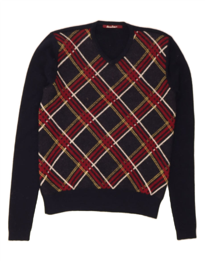 GUESS Mens V-Neck Jumper Sweater Small Navy Blue Check Wool Vintage Guess and Second-Hand Guess from Messina Hembry 
