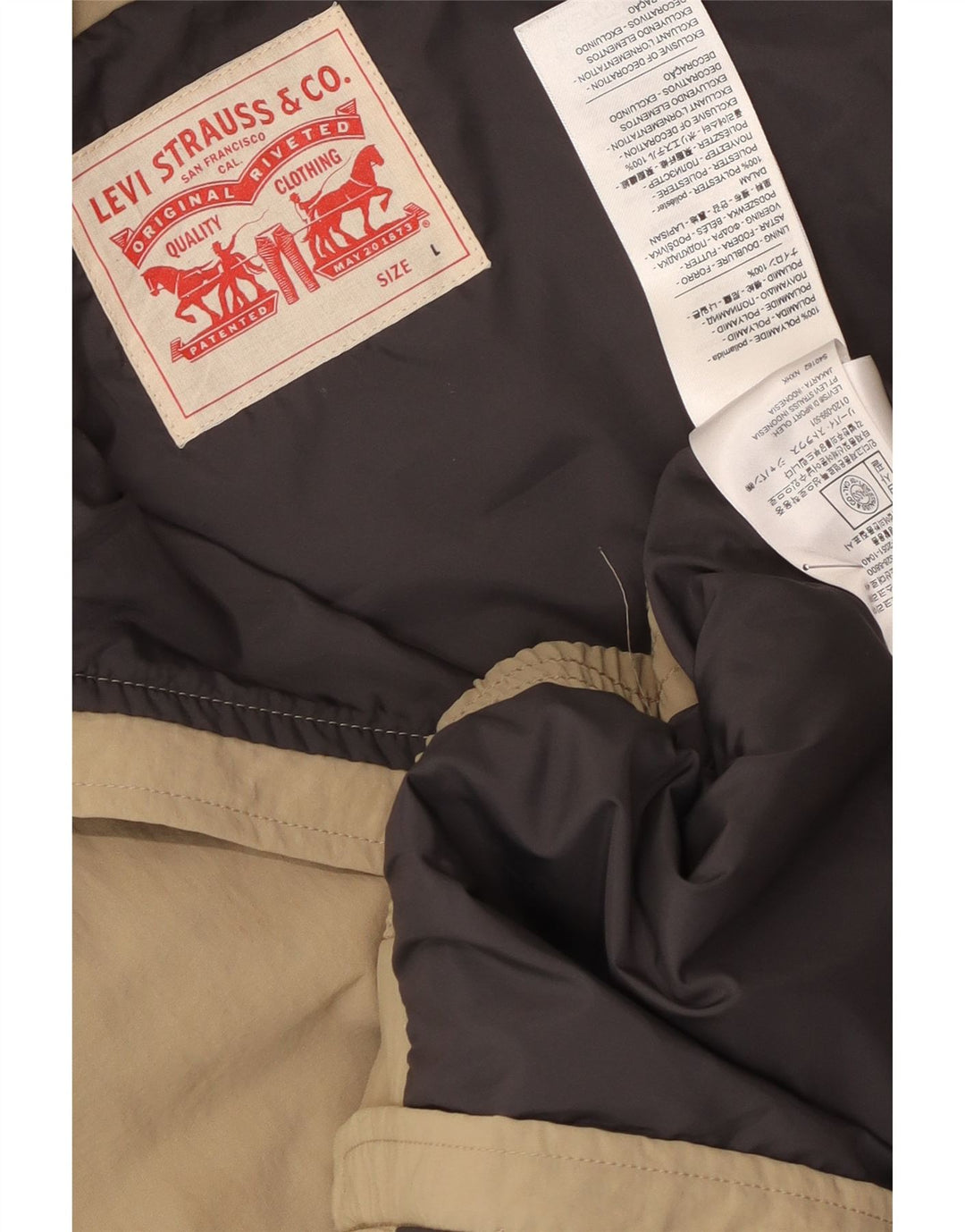Męska kurtka bomber z grafiką Levi's UK 40, duża, beżowa, z blokami kolorów, poliamid