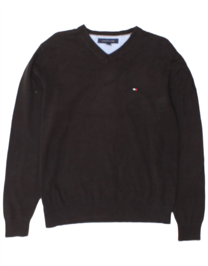 Męski sweter Tommy Hilfiger z dekoltem w kształcie litery V, mały, szary, bawełniany