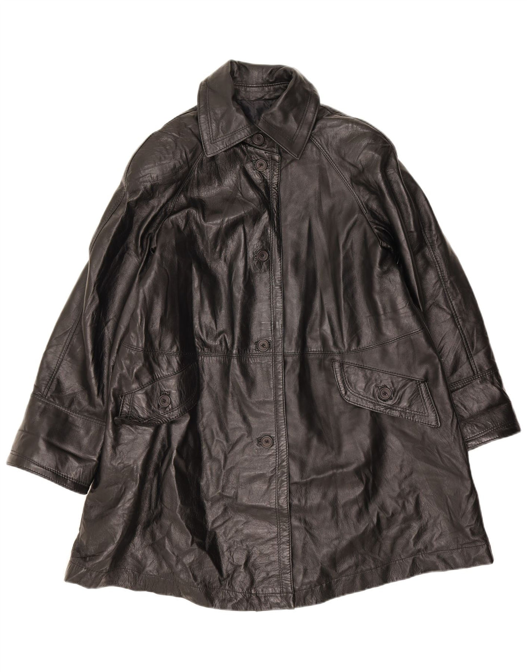 Vintage damski płaszcz skórzany oversize UK 10, mała czarna skóra