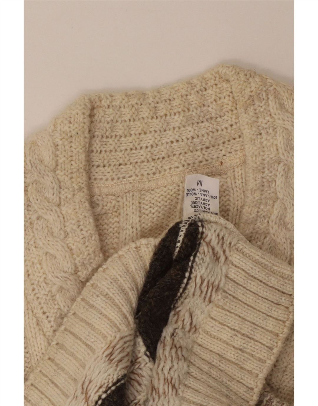 Sweter męski w stylu vintage z dekoltem w szpic, średni beż, akryl Fair Isle