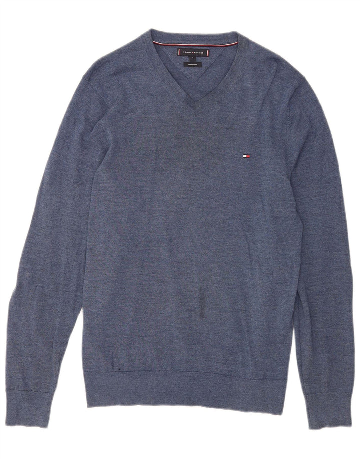 Męski sweter Tommy Hilfiger z dekoltem w kształcie litery V, średni niebieski, wełna merynosów
