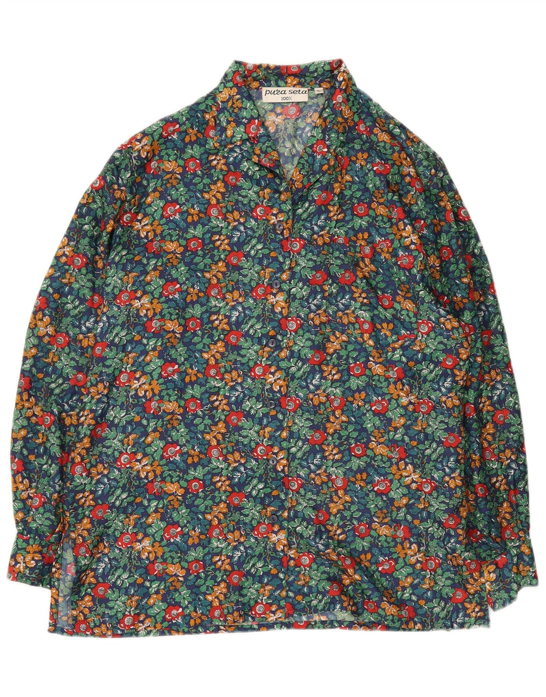 Damska bluzka koszulowa w stylu vintage UK 16, duża, wielobarwna, z jedwabiu w kwiaty