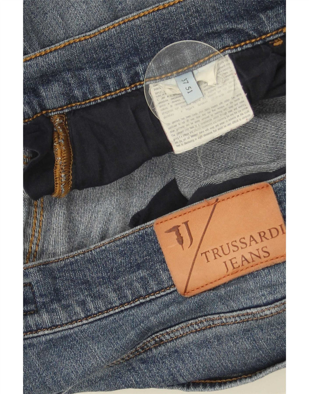 Męskie jeansy Trussardi w trudnej sytuacji, przycięte IT 51, duże, W37 L26, niebieskie
