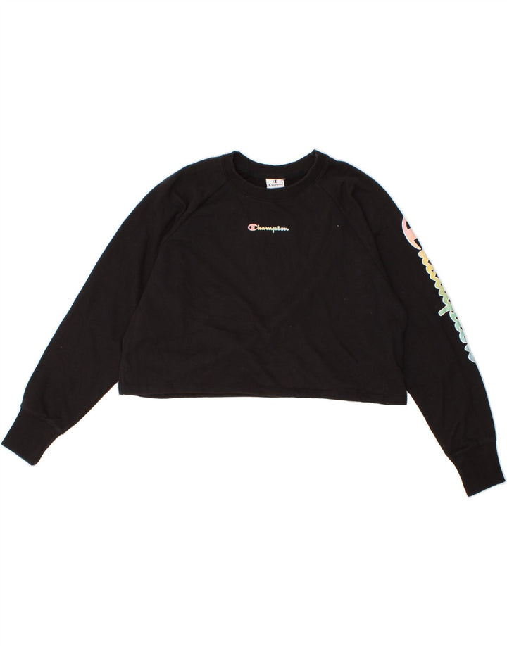 CHAMPION Womens Oversized Crop Graphic Top Long Sleeve UK 14 Medium Black Vintage Champion and Second-Hand Champion from Messina Hembry 