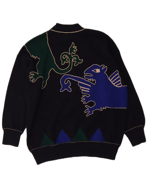 Sweter damski w stylu vintage z golfem UK 20 2XL Granatowy geometryczny