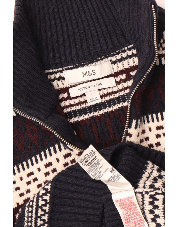 Marks & Spencer Męski sweter z zamkiem błyskawicznym, duży, granatowy Fair Isle