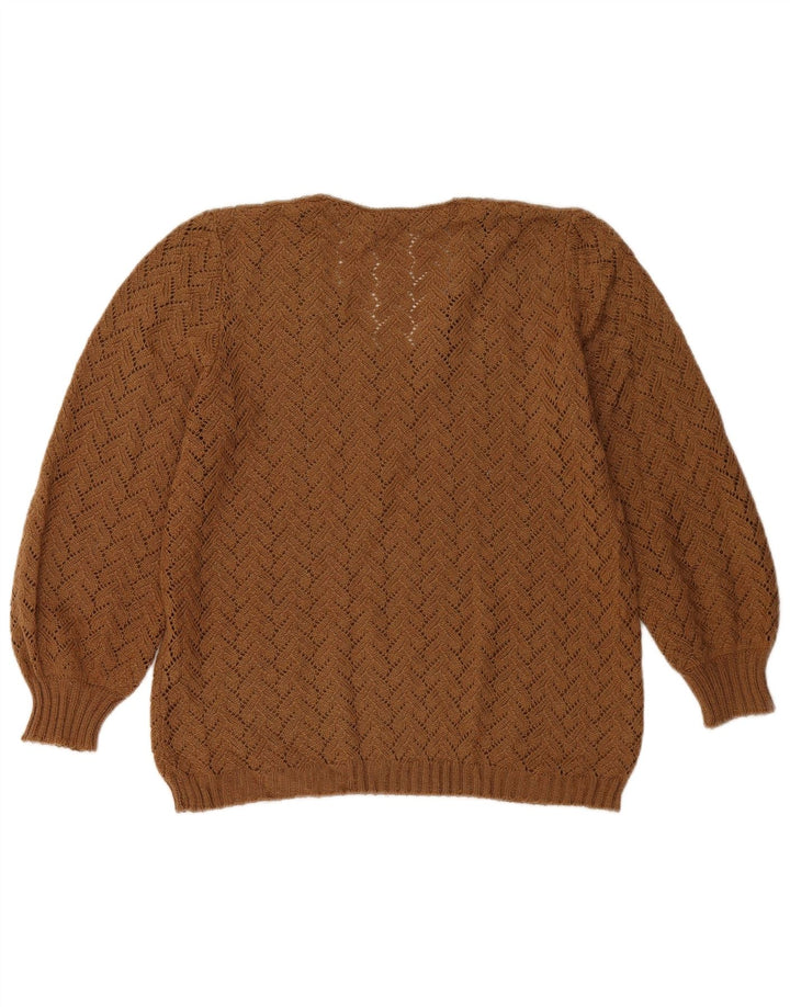 Sweter damski w stylu vintage z dekoltem w kształcie litery V, UK 14, średni brąz