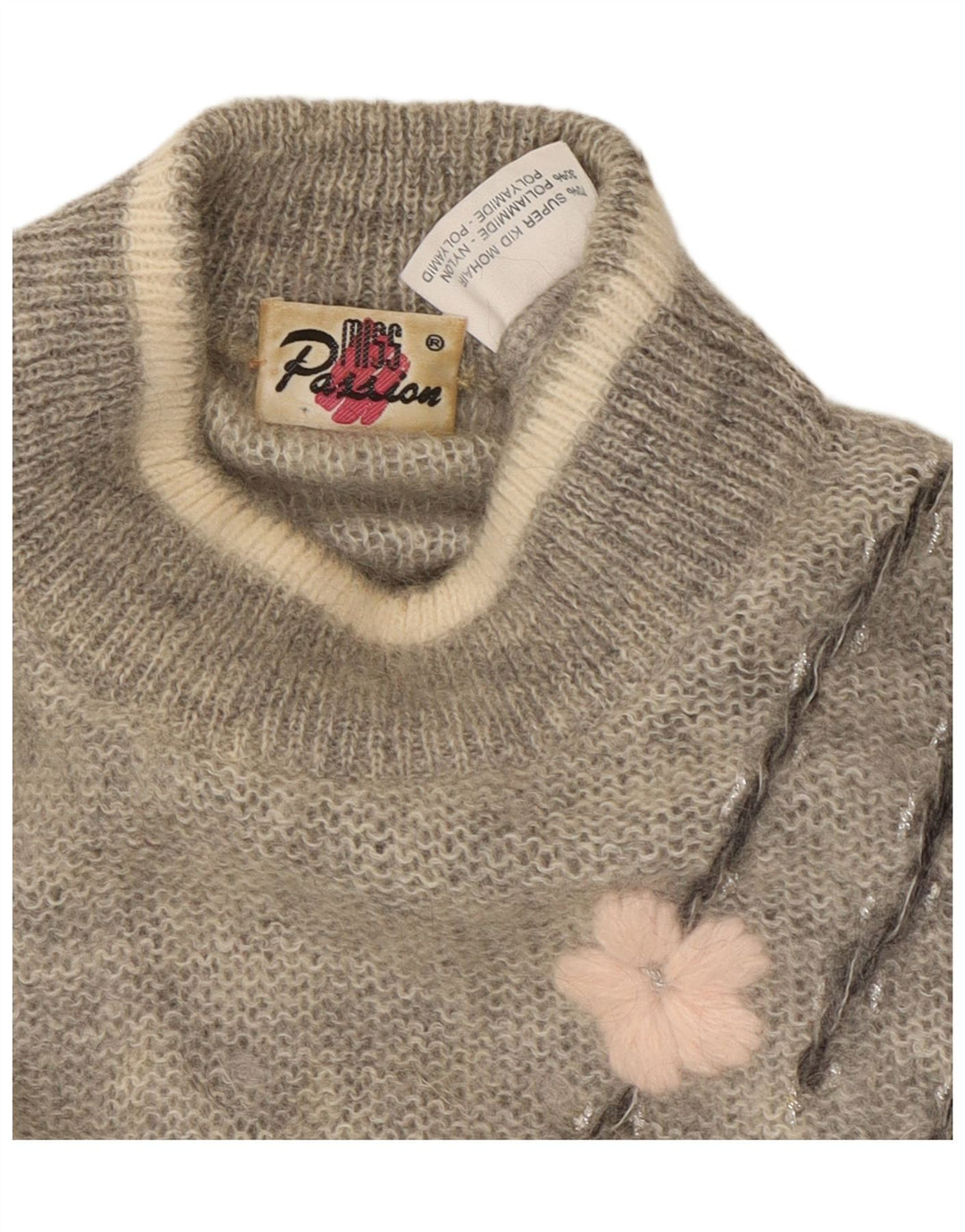 Sweter damski VINTAGE z golfem UK 18 XL Szary kwiatowy moher