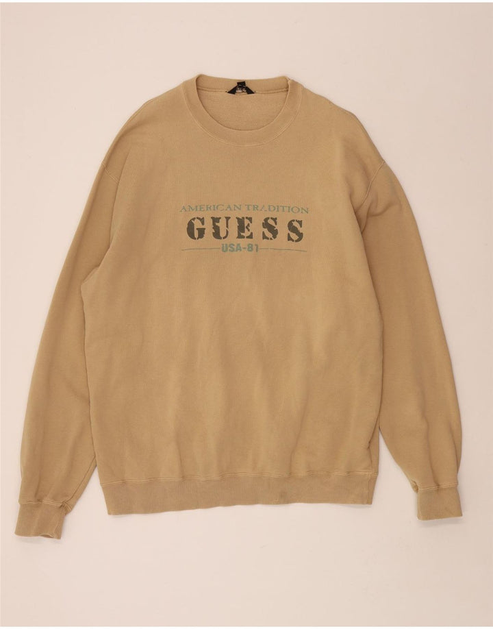 GUESS Mens Graphic Sweatshirt Jumper Large Beige Cotton