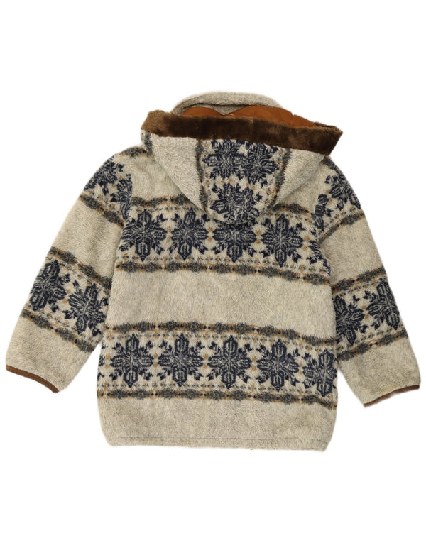 Vintage damski płaszcz z kapturem ze sztucznego futra UK 14 średnio szary Fair Isle