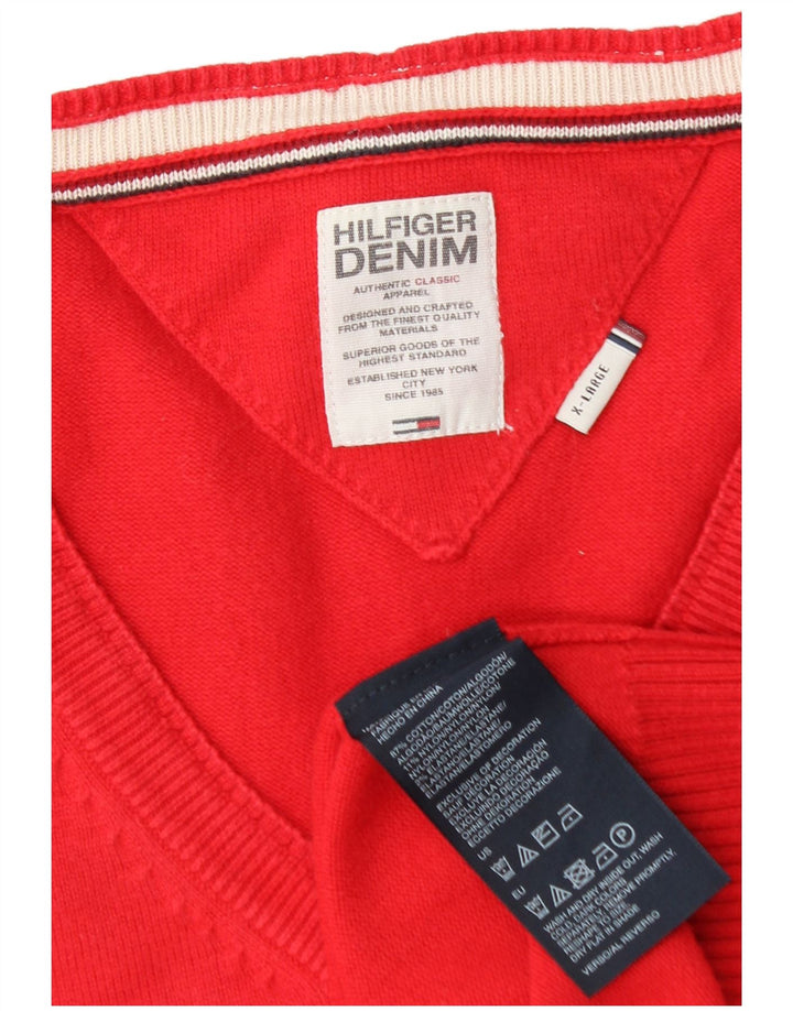 Tommy Hilfiger Męski sweter z dekoltem w kształcie litery V, XL, czerwony, bawełniany