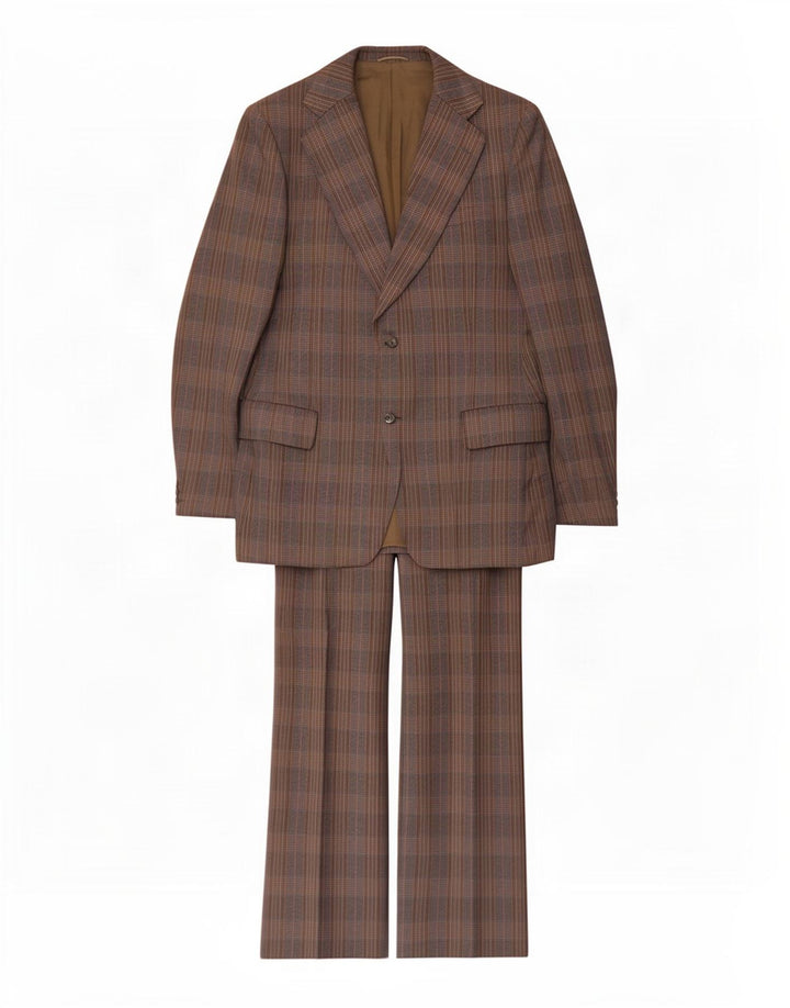 Męski garnitur zapinany na 2 guziki Magee UK 38 Medium W32 L32 Brązowa kratka z dziewiczej wełny