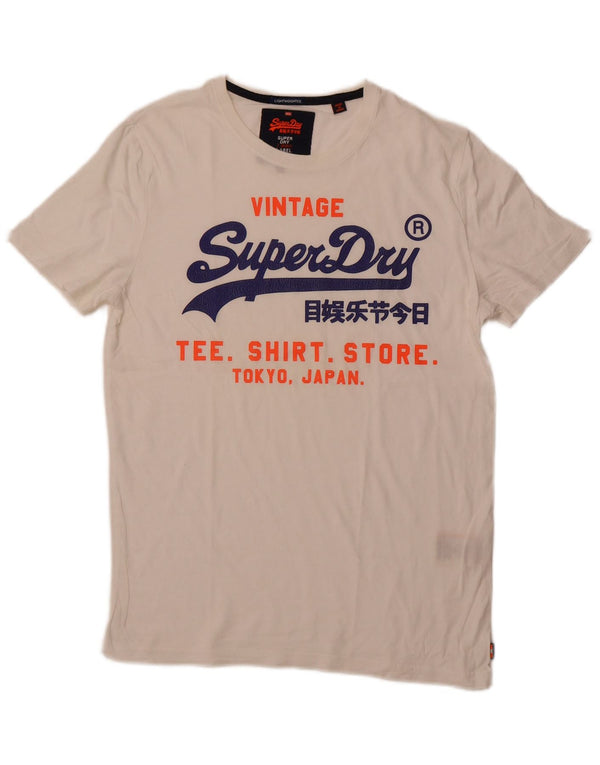 SUPERDRY Męski T-shirt z grafiką, duży, biały, bawełniany
