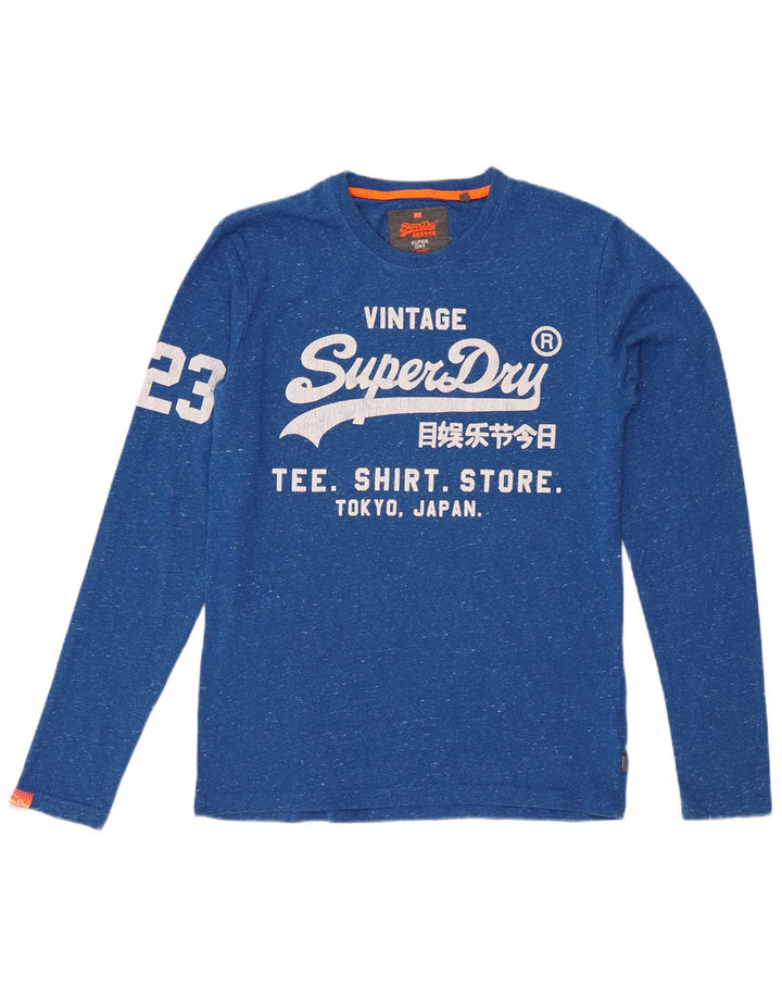 SUPERDRY Męski graficzny top z długim rękawem, średnioniebieski, bawełniany w cętki