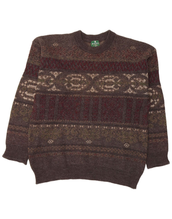 Vintage męski sweter z okrągłym dekoltem, duży, szary, wełniany Fair Isle