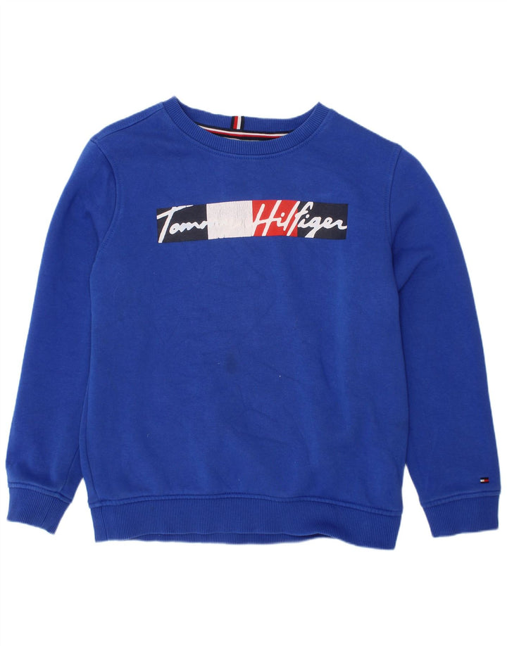 TOMMY HILFIGER Chłopięcy sweter z grafiką, 8-9 lat, średni niebieski, bawełniany